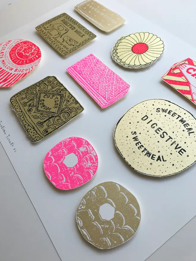 Teatime Treats XL A3 Screenprint Biscuit Collage, a collection of colourful biscuit designs on a white screenprint. 