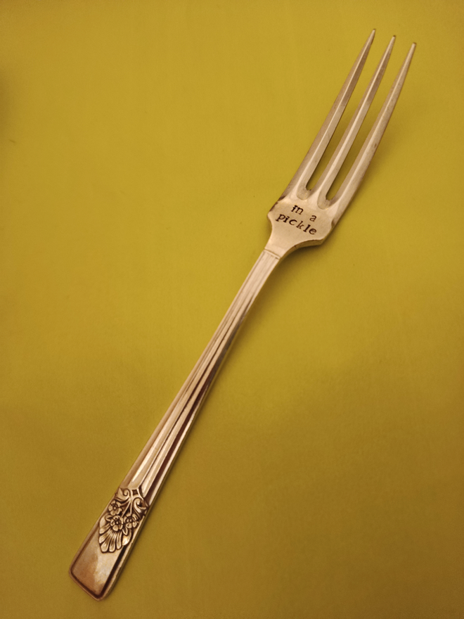 Decorative 18cms vintage pickle fork gift handstamped with in a pickle.