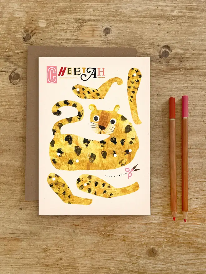 cheetah split pin puppet card