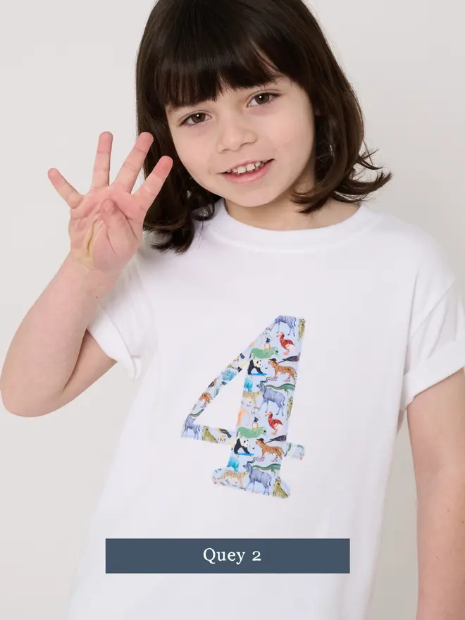 a 4 year old boy wearing a white birthday t-shirt with a number 4 cut from liberty zoo animal print on the front