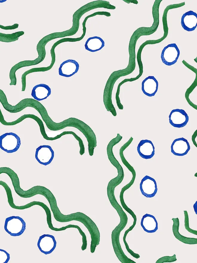 hoop and wiggle illustrated wall paper. a white background wallpaper patterned with green circles and squiggly lines.