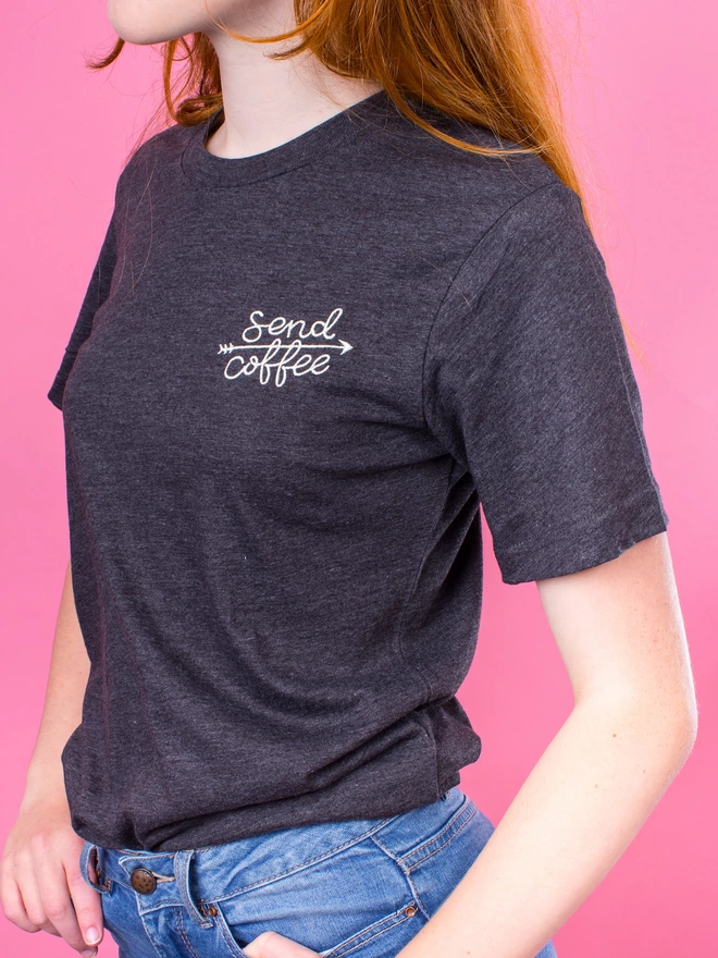 Send coffee hand embroidered t-shirt