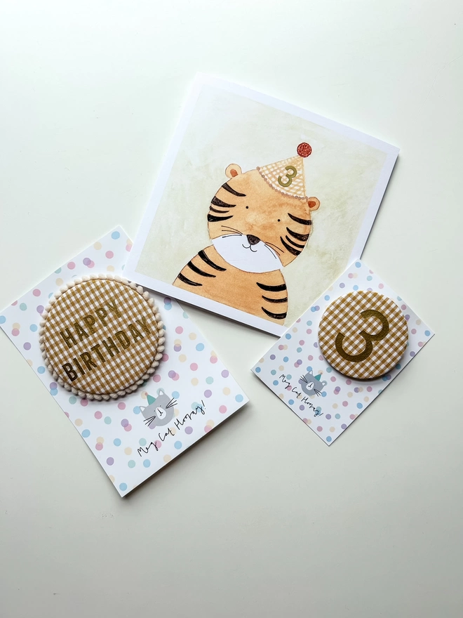 Tiger Birthday Card with Matching Yellow Gingham Birthday Badges