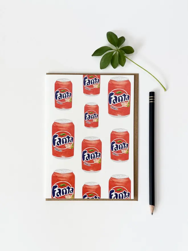 fanta cans illustrated card.  card photographed on plain white background.