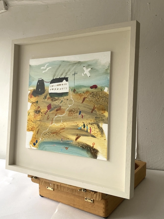 Charming whimiscal painting of the coast by Samantha Barnes, Narrative Art Beach Scene