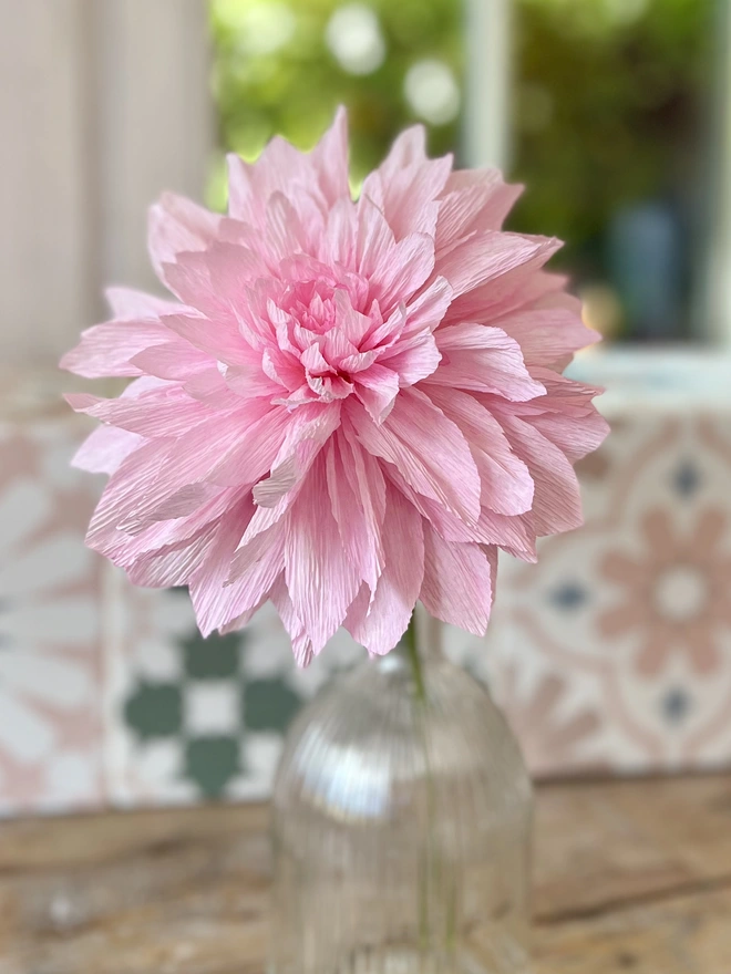 Soft Pink Dahlia Crepe Paper Flower in a glass bottle