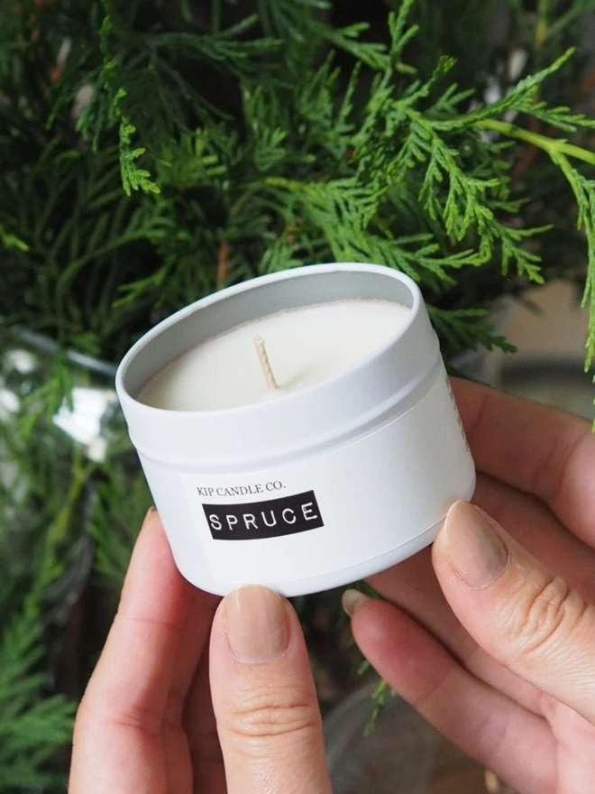 Spruce Christmas scented candle travel tin