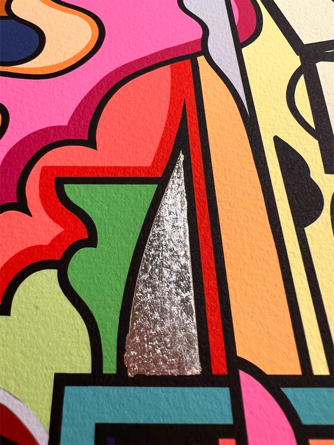 A close up of the illustration showing silver leafing detail and the colourful, abstract design. 