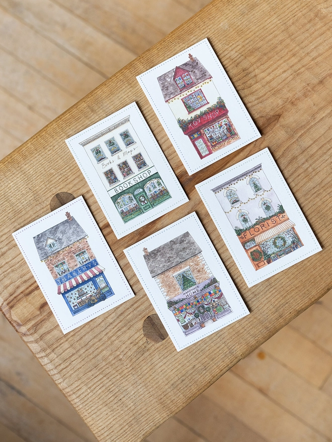 Pack of 5 illustrated shop cards
