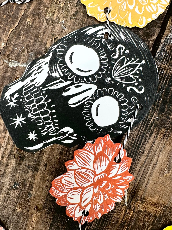 Skull 'Day Of The Dead' Hand Printed Linocut Garland 