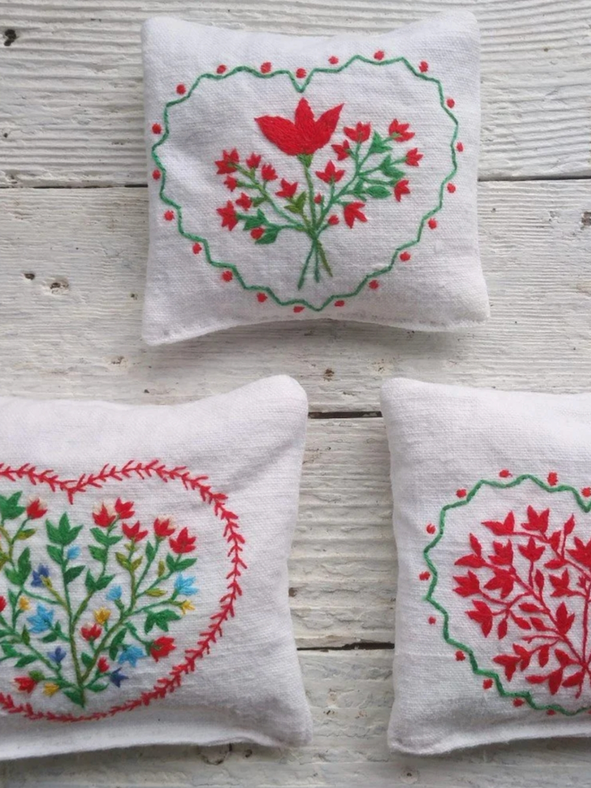 Botanical Embroidered Lavender Filled Sachet. A selection of the sachets available.