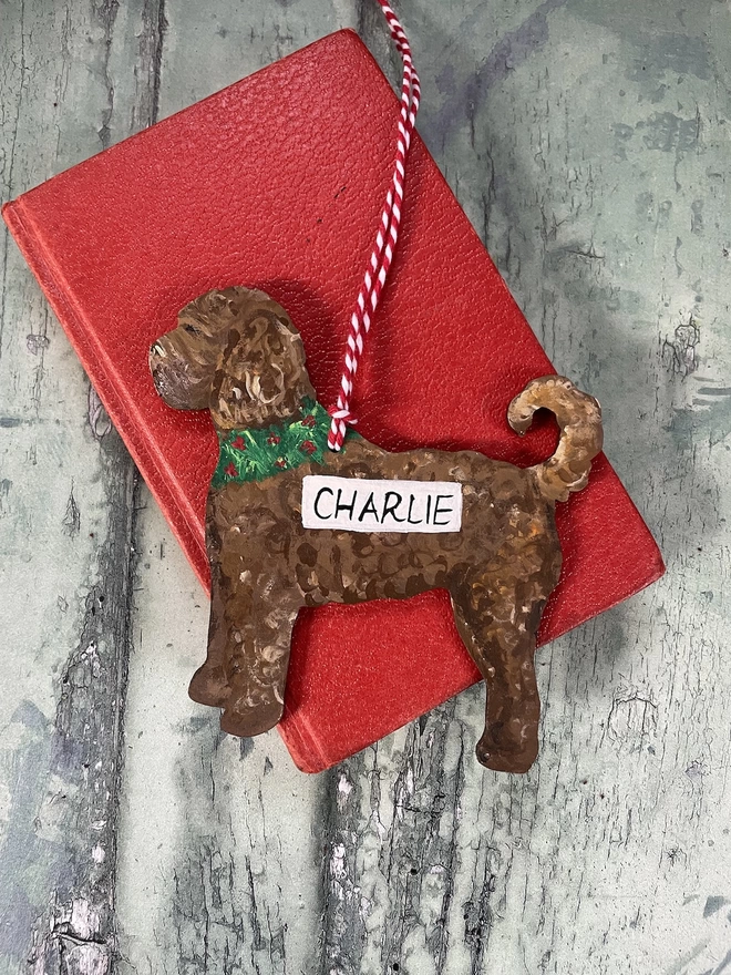 Labradoodle Christmas Portrait Decoration personalised with the name Charlie