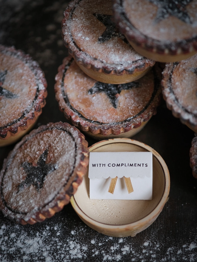 handpainted wooden mince pie with a secret message