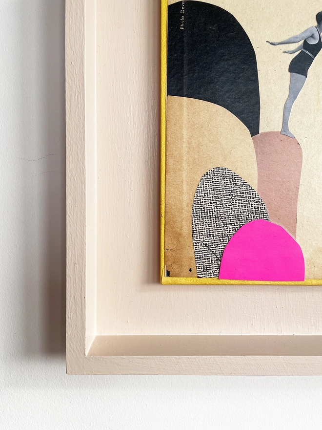 A female diver stands on a range of rocks as she leans in to dive into the sea below. A frame collage made with vintage papers and pop of neon pink with torn edges and interesting textures.