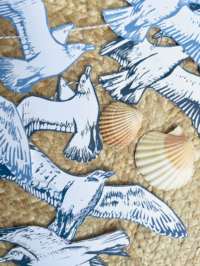 'Swooping Seagulls Of Joy' Hand Printed Bird Linocut Garland