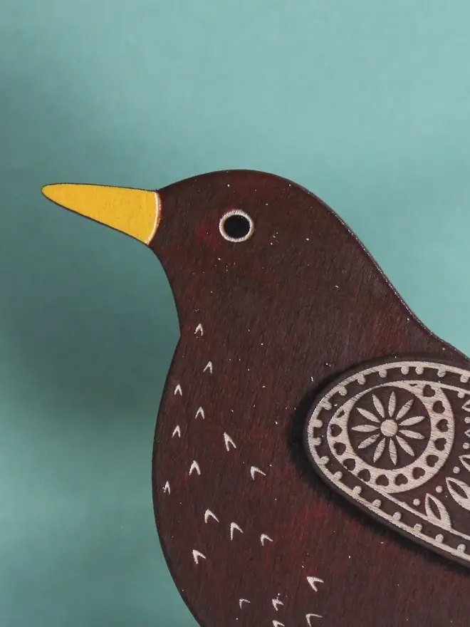 Standing Wooden Female Blackbird, Standing Wooden Female Blackbird, black wooden bird standing on  a wooden platform. 