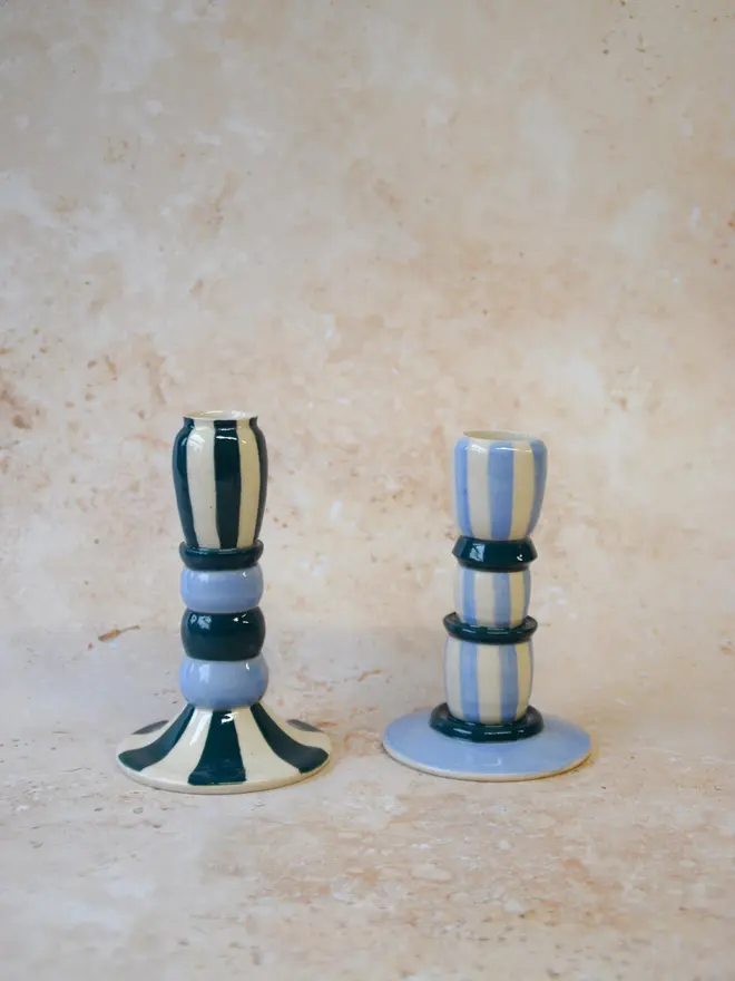Handmade striped ceramic candlestick holders - blue and teal colourway pair