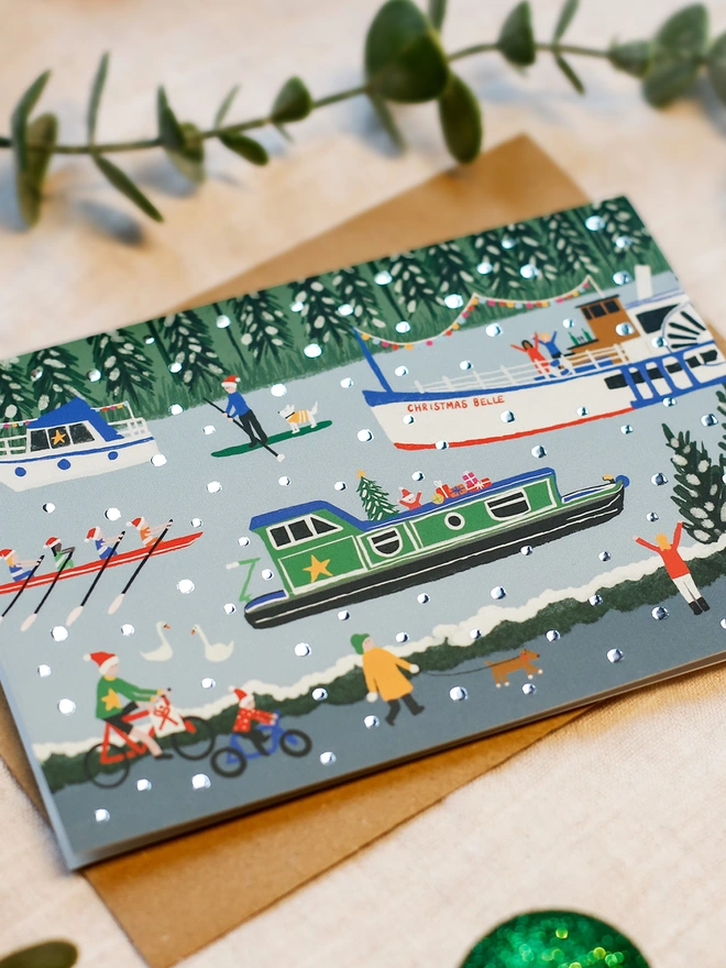 Snowy River Thames boat card winter scene