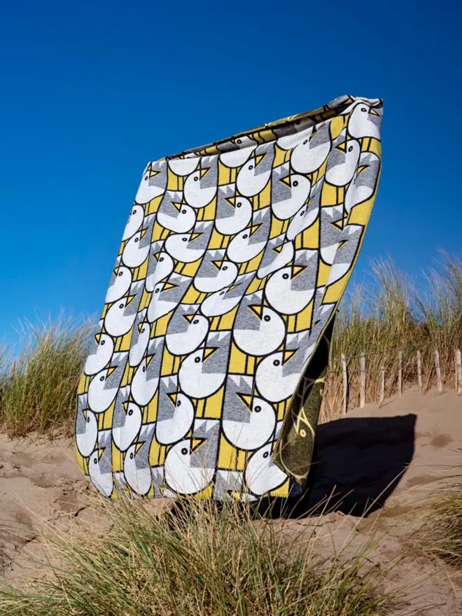 Gulls Yellow Recycled Cotton Blanket by artist Bert Fowler, made in UK