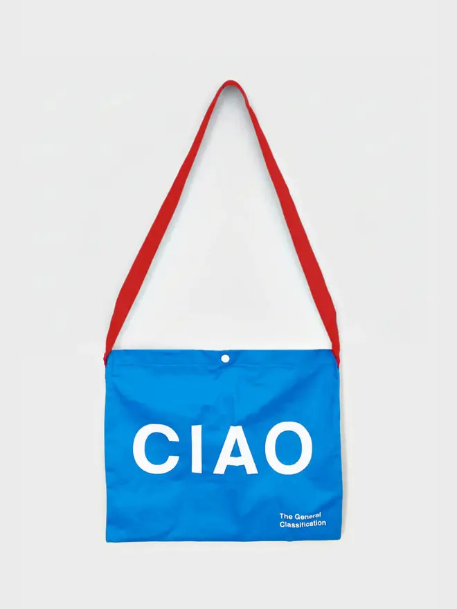 'Ciao' Canvas Musette, against a grey background. 