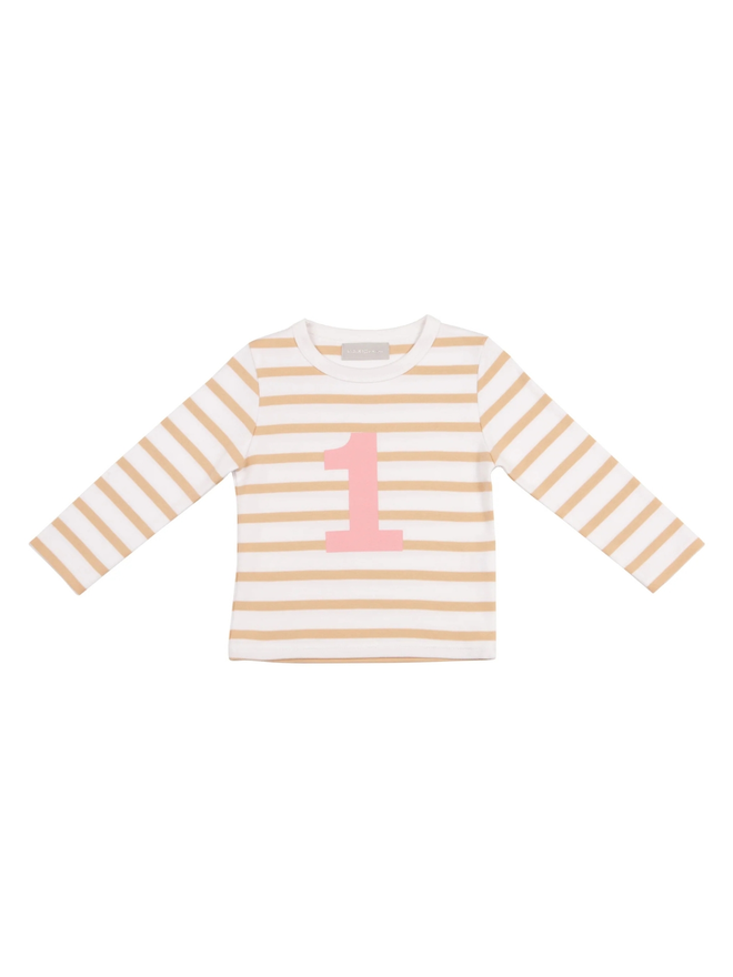biscuit white stripe long sleeve tshirt with pink writing

