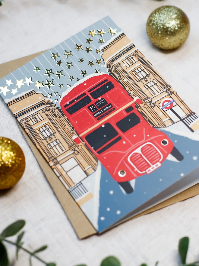 London Bus gold foiled christmas card