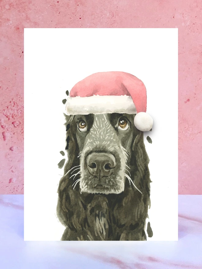 black cocker spaniel santa hat christmas card