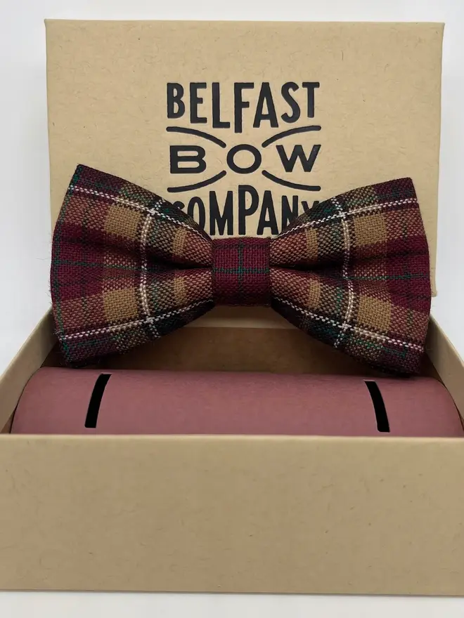 maroon brown tartan handmade bow tie