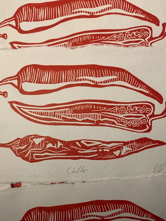 Lino Print Chillies On Handmade Paper
