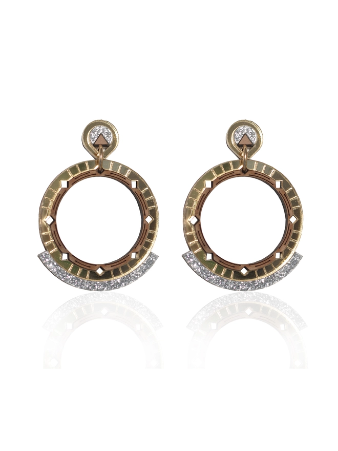 Gold Round Earrings with glittering silver at the stud and on the bottom arch. The walnut wood inner circle of the earrings.