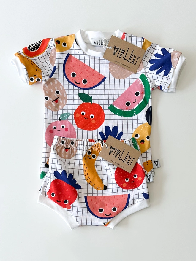 5 a day print leggings, t-shirt, shorties for babies, toddlers, kids