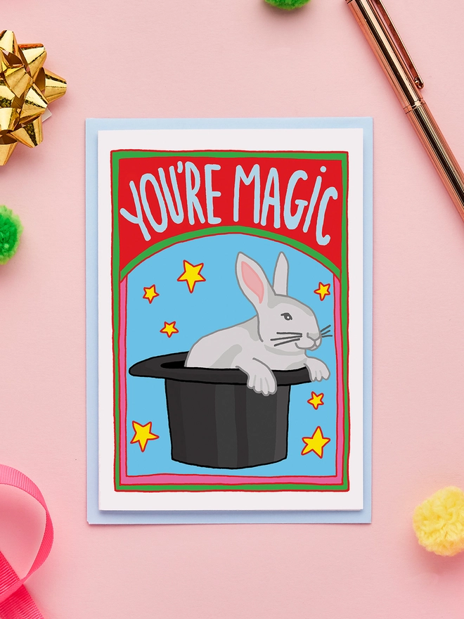 Hand Drawn Thank You Card Featuring a Magician's Hat and a Rabbit