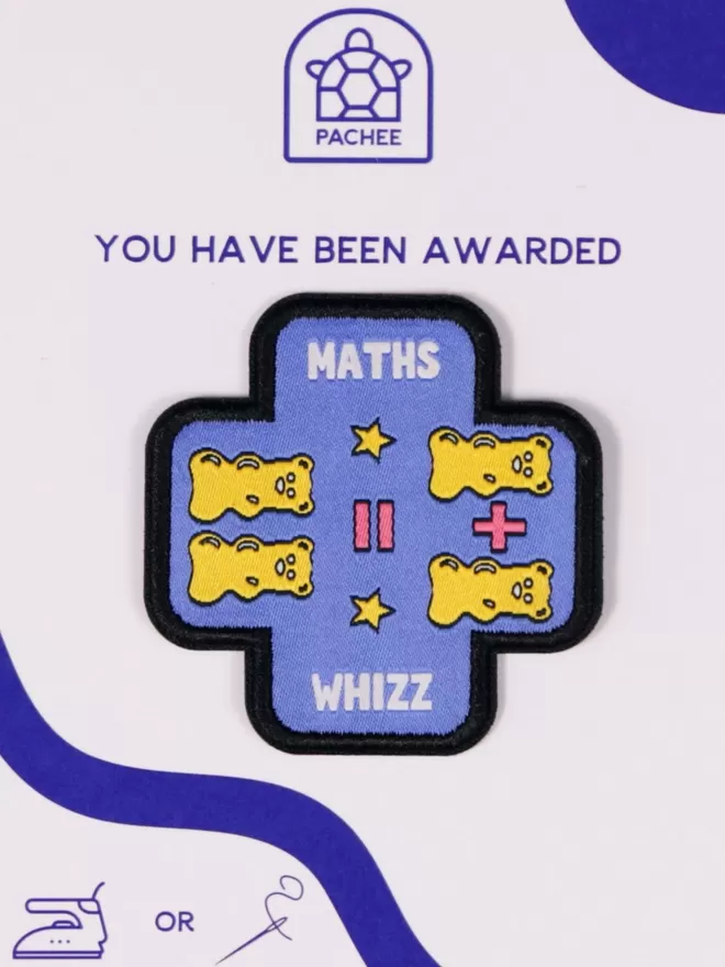 The Maths Whizz Patch seen on the blue and white Pachee gift card.