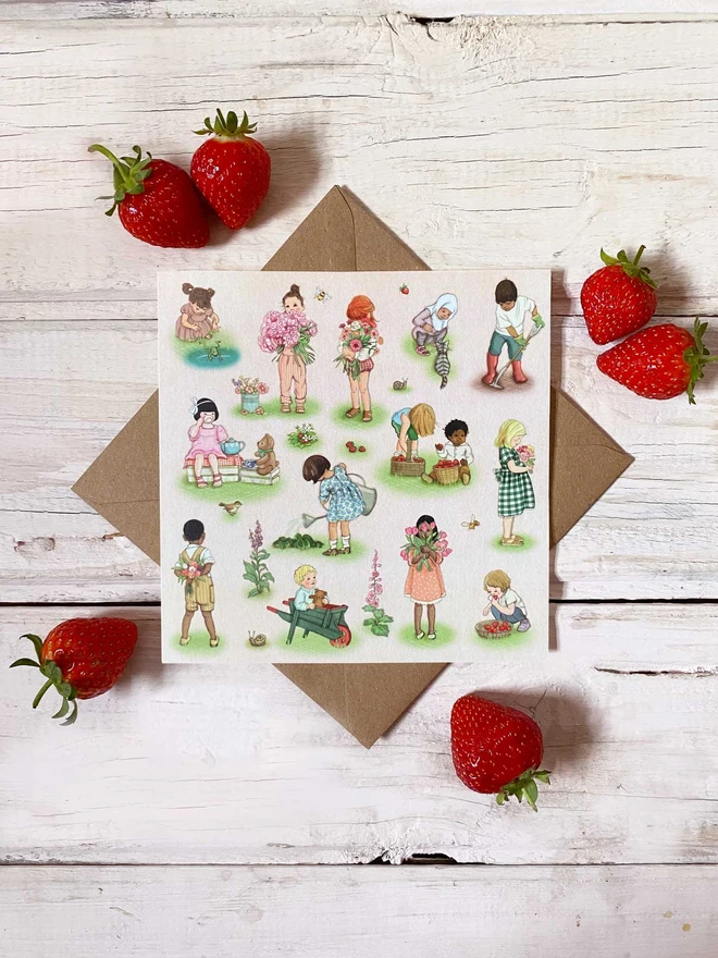 a vintage story book style illustrated greeting card featuring children enjoying the month of may