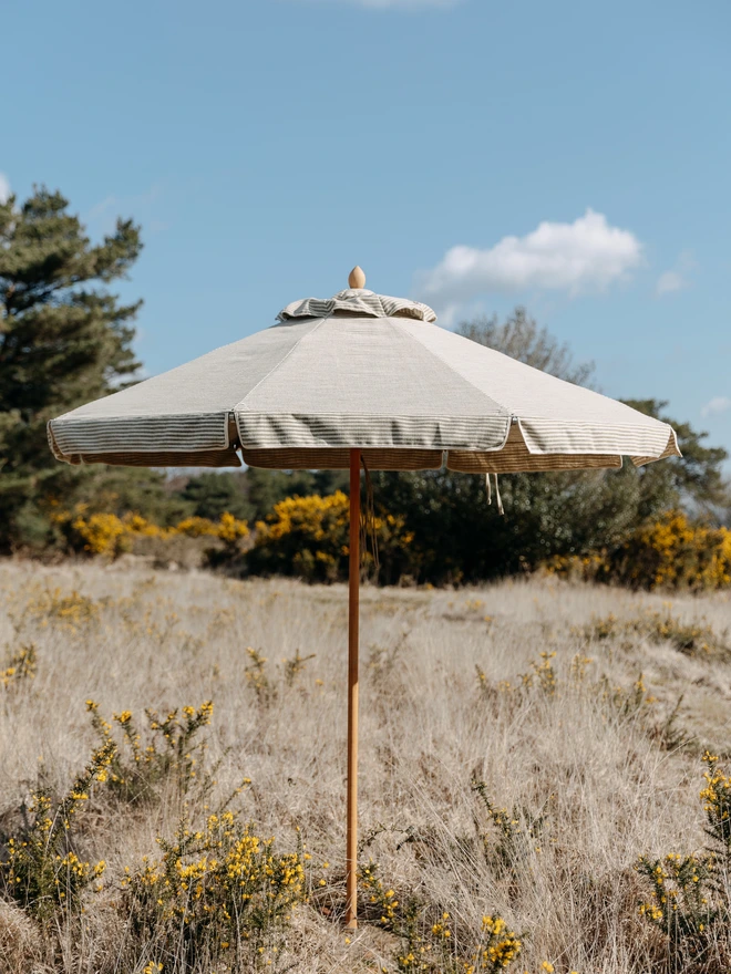Green ticking Stripe Parasol. A striped parasol.