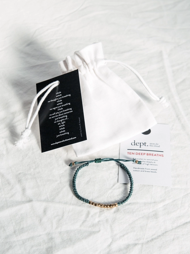 Ten Deep Breaths Bracelet in Forest Green with Drawstring Bag