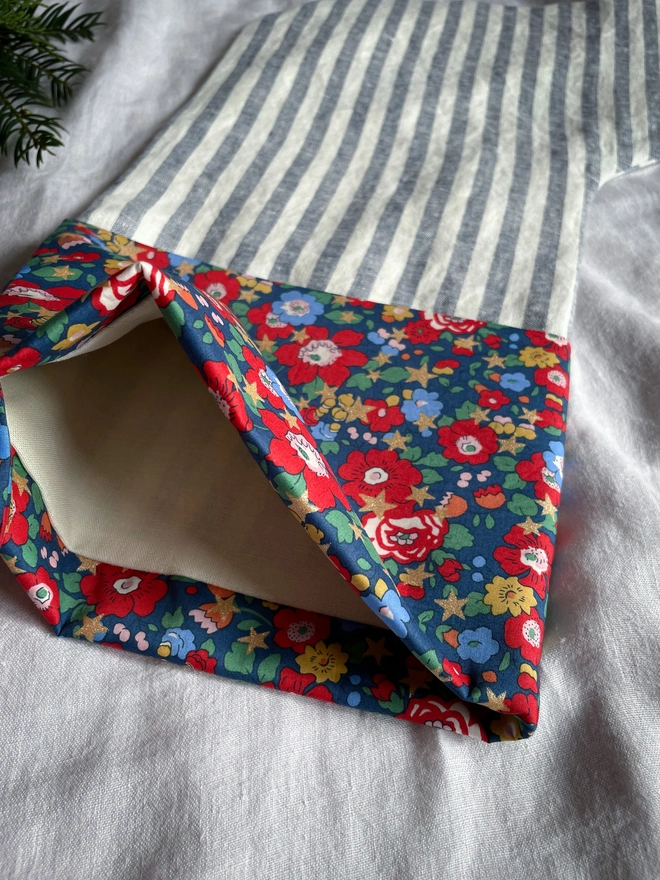 Navy Stripe Linen Stocking with Liberty Print Cuff and Letter