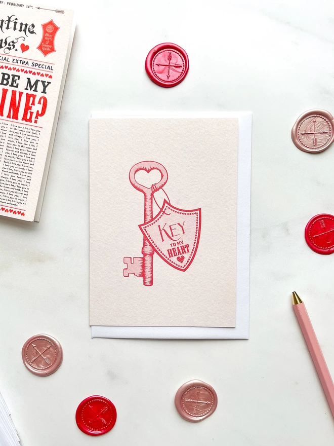 'Key to my Heart' Illustrated Charity Greeting Card layout photo with pink wax seals