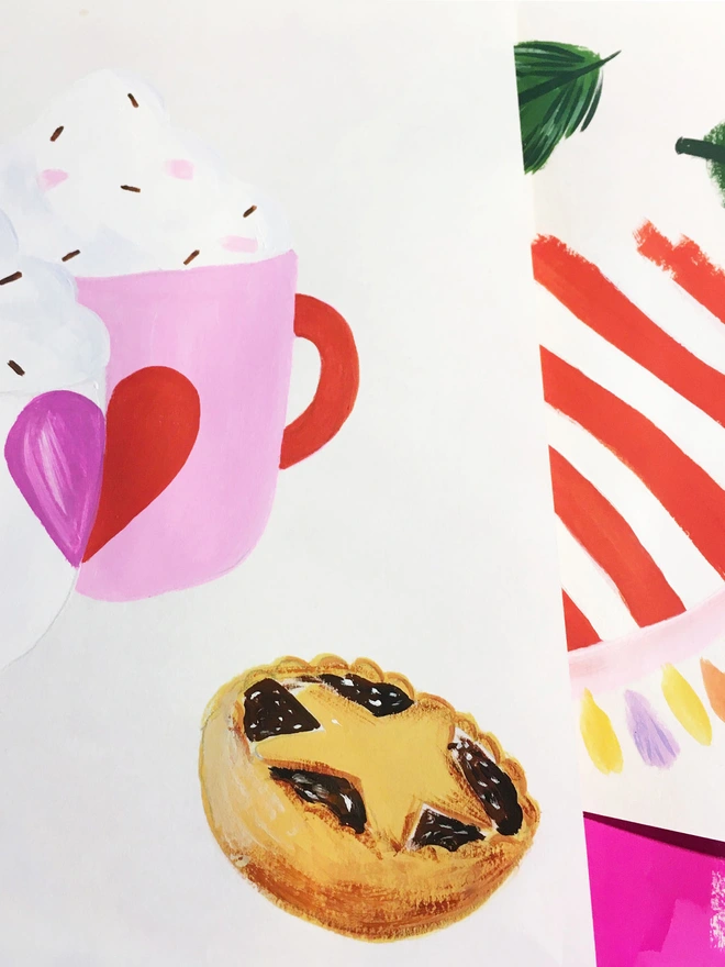 BTS paintings ‘Sending you love & cosiness this Christmas’ Hot Chocolates and Mince Pie Design Christmas Card | Raspberry Blossom