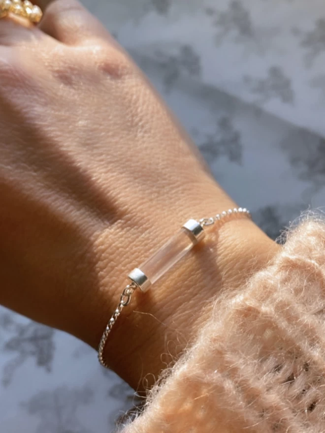 rose quartz bar silver bracelet