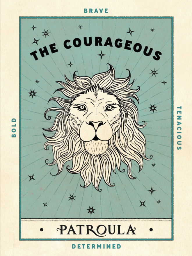Green courageous card with a lion illustration