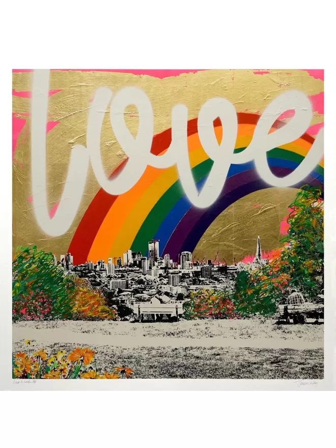 Black and white London scene with Gold leaf sky and multi-colour rainbow and the word Love in white writing on top 