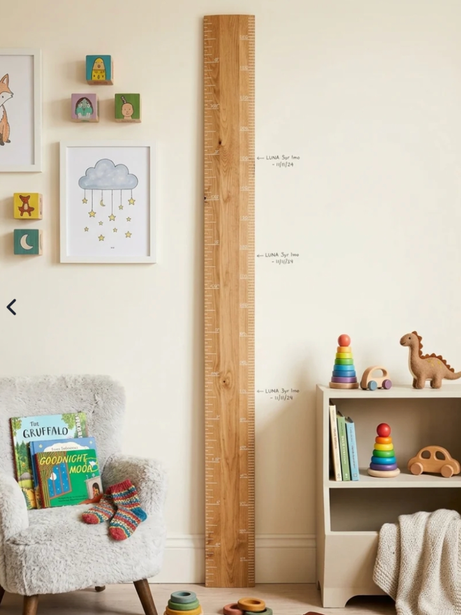 Original White Ruler Height Chart. A wooden height chart with painted white detail.