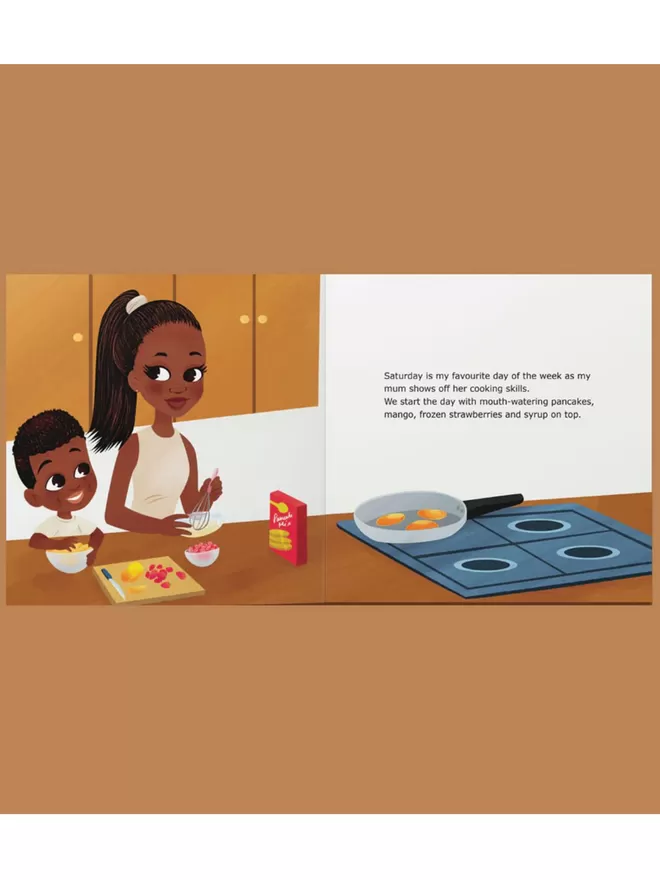 Full page illustration of Isaiah and his mum cooking, accompanied by some text.