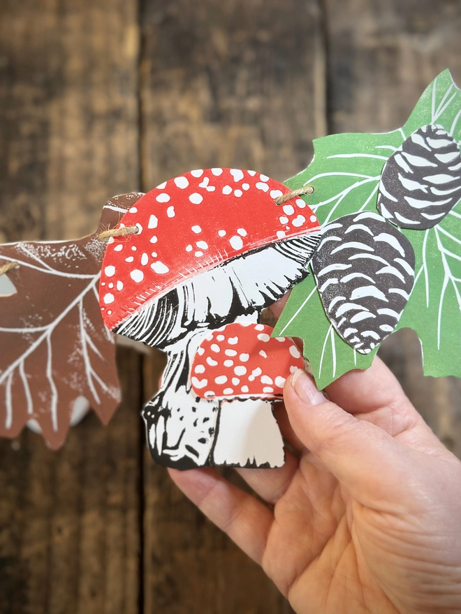 Hand Printed Woodland Mushrooms & Leaves Linocut Garland
