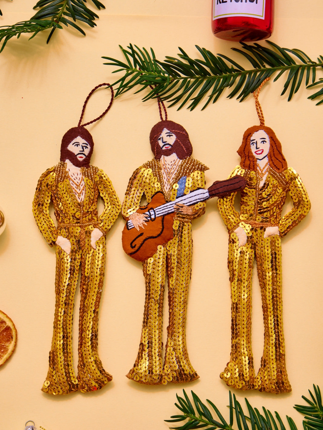 hand stitched bee gees in gold outfits hanging decoration set