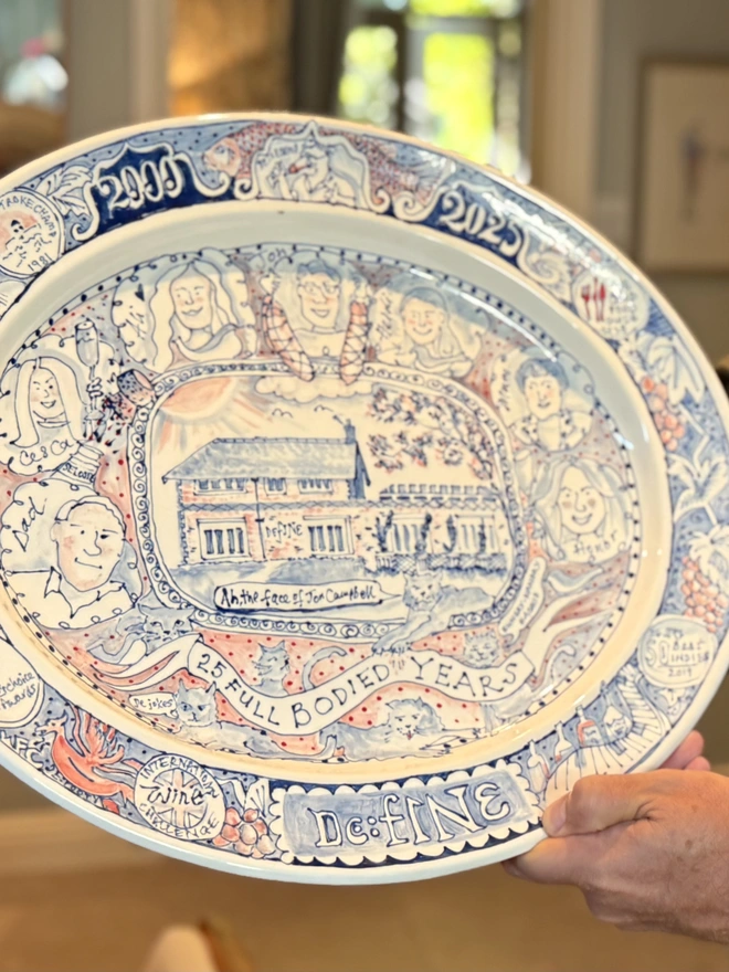 Bespoke anniversary gift for a business celebrating 25 years, packed with achievements, the building and family. hand-painted with enormous detail and made with love. special occasion, XL platter