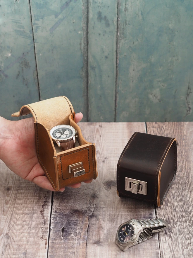 Handmade leather watch carry case in tan brown and dark brown