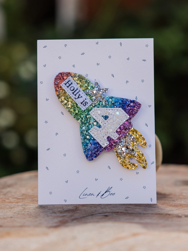 Personalised Rocket Glitter Birthday Badge