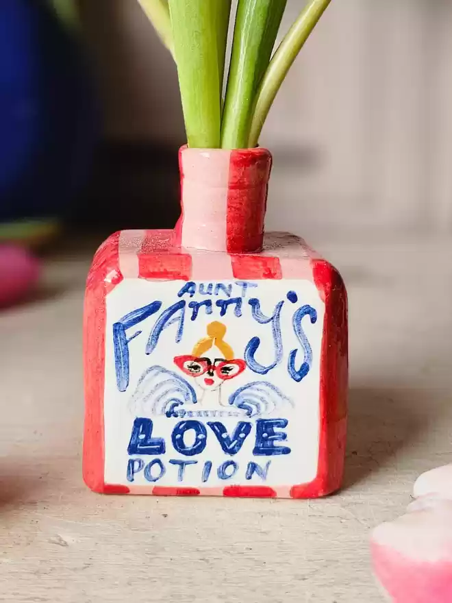 Aunt Fanny's Love Potion ceramic unique hand painted vase close up from Brimble Studio